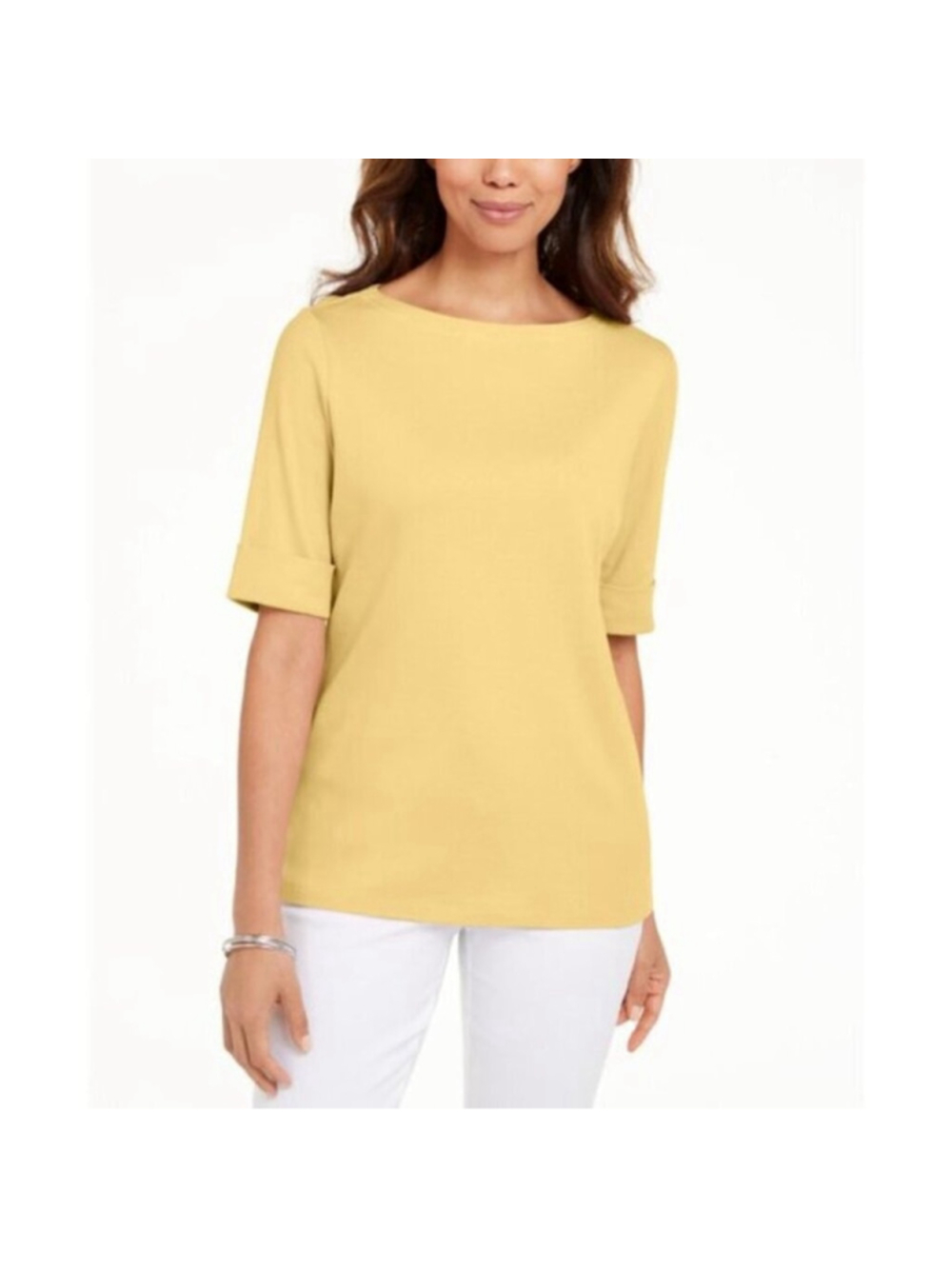 Karen Scott Women's 100% Cotton Yellow Boat-Neck Top / T-Shirt NWT
